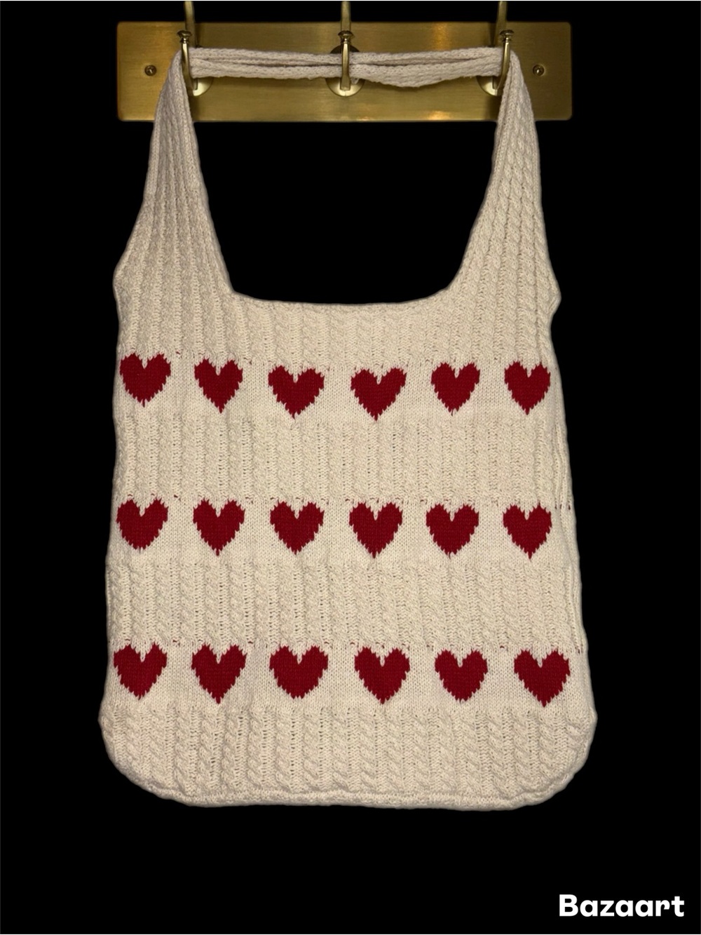 Cream Knit Heart-Pattern Shoulder Bag